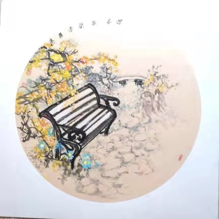 现代国画重彩-迎春花开亲朋来