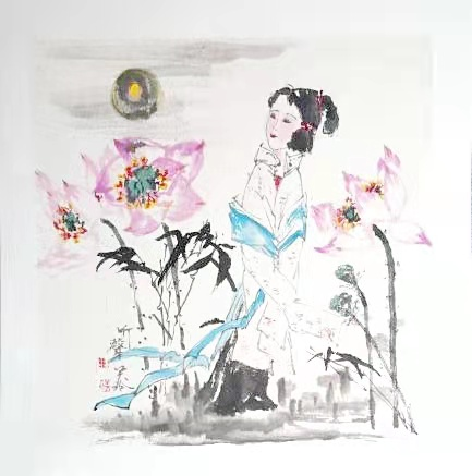 国画仕女画-听声